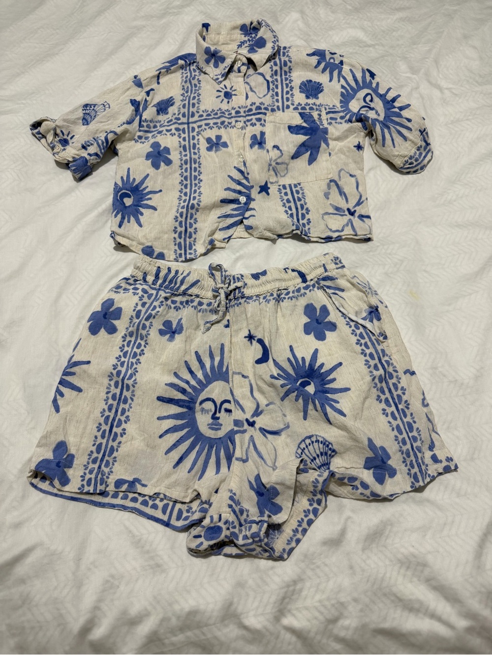 Live 4 Truth Cream Button-Down Top & Blue Sun Print Shorts Set